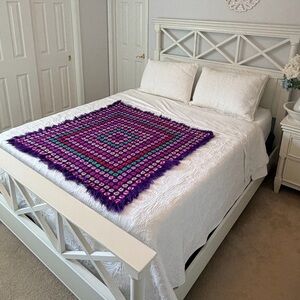 Vintage Hand Crafted Crochet Throw Blanket - Accent Squares Purple & Multi color